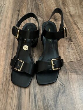 Madden Girl Black Slingback Heels with Gold Buckles
